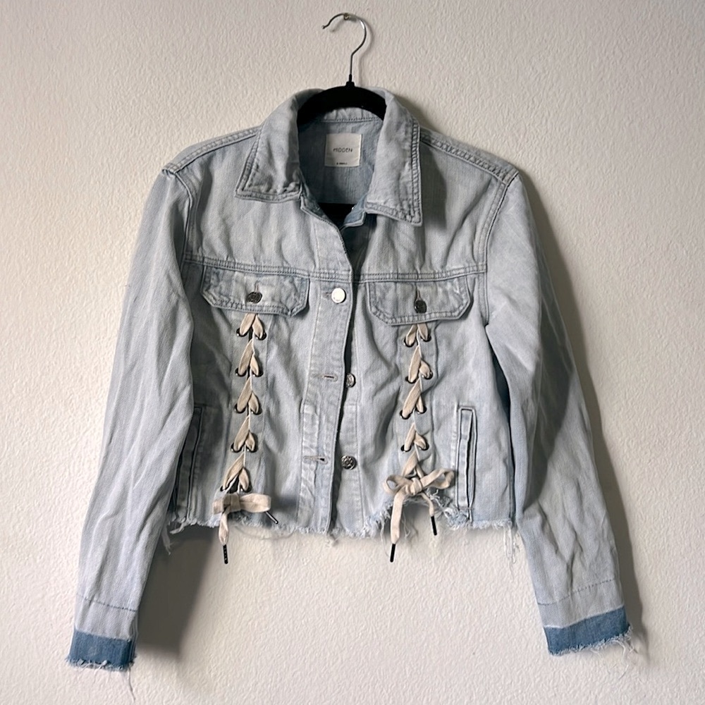 Hidden Distressed Lace Up Jean Jacket